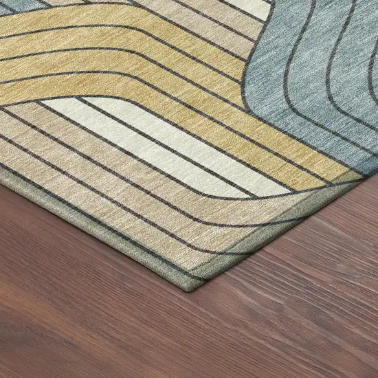 8' Gold Teal Blue And Beige Round Striped Washable Indoor Outdoor Area Rug Photo 8