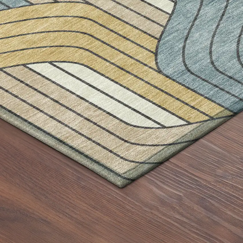 8' Gold Teal Blue And Beige Round Striped Washable Indoor Outdoor Area Rug Photo 8