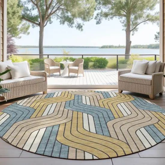 8' Gold Teal Blue And Beige Round Striped Washable Indoor Outdoor Area Rug Photo 4