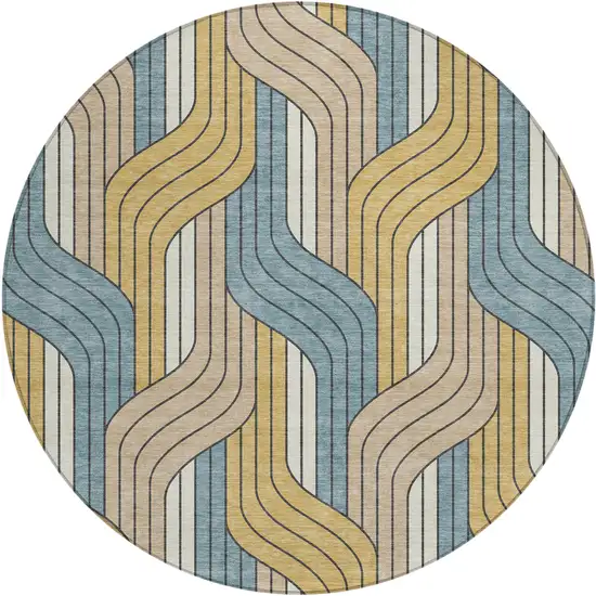 8' Gold Teal Blue And Beige Round Striped Washable Indoor Outdoor Area Rug Photo 1