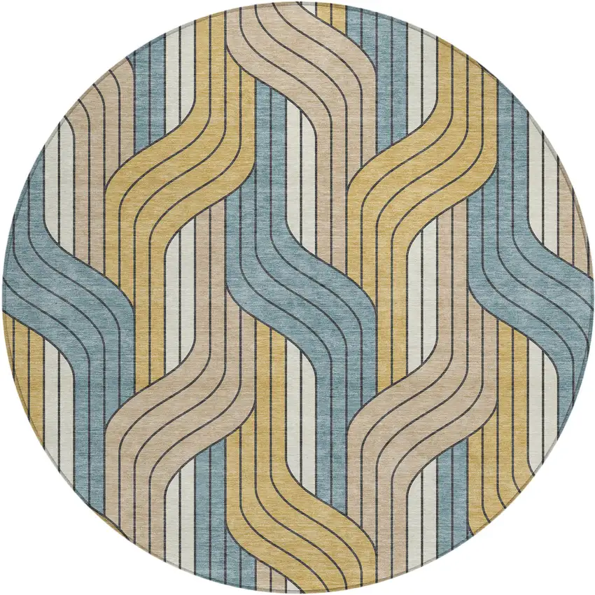8' Gold Teal Blue And Beige Round Striped Washable Indoor Outdoor Area Rug Photo 1