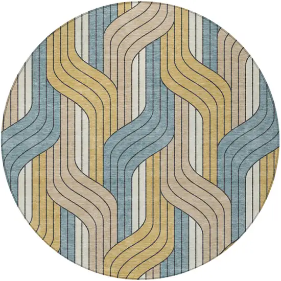 8' Gold Teal Blue And Beige Round Striped Washable Indoor Outdoor Area Rug Photo 3