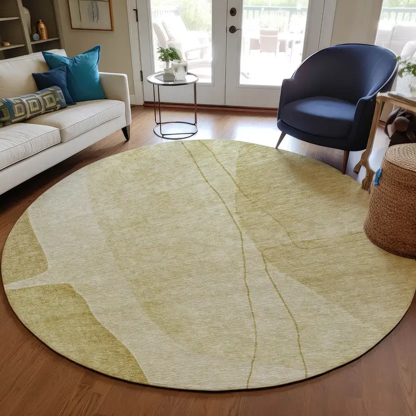 8' Gold Wheat And Beige Round Abstract Washable Indoor Outdoor Area Rug Photo 7