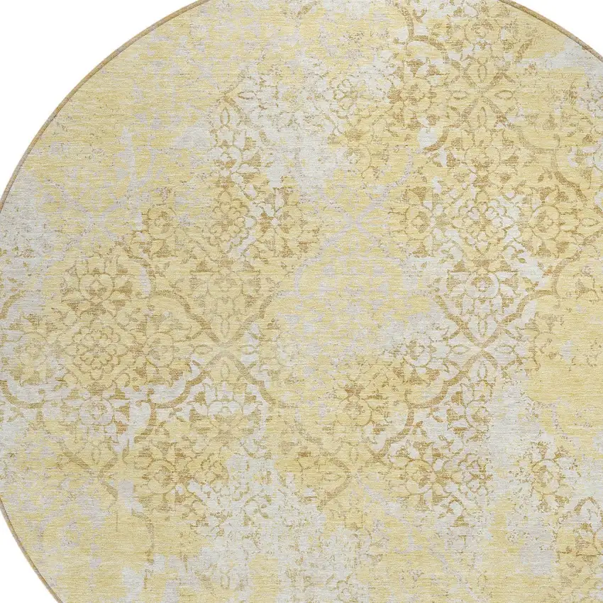 8' Gold Wheat And Beige Round Floral Washable Indoor Outdoor Area Rug Photo 4