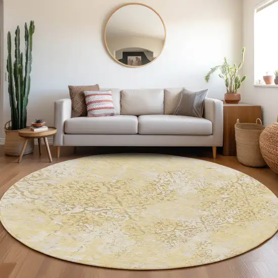 8' Gold Wheat And Beige Round Floral Washable Indoor Outdoor Area Rug Photo 7