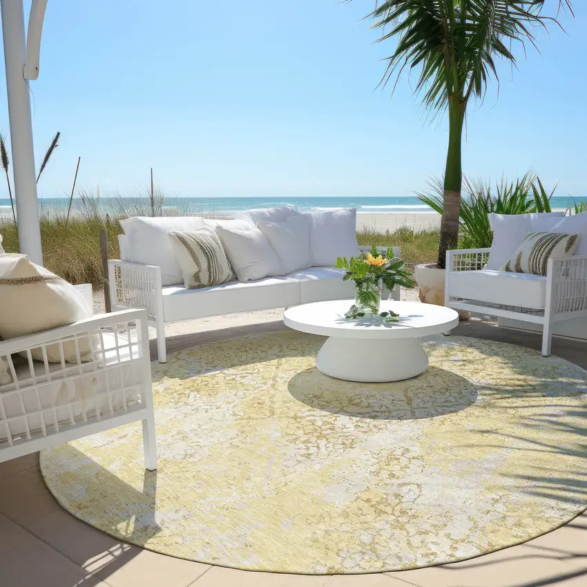 8' Gold Wheat And Beige Round Floral Washable Indoor Outdoor Area Rug Photo 6