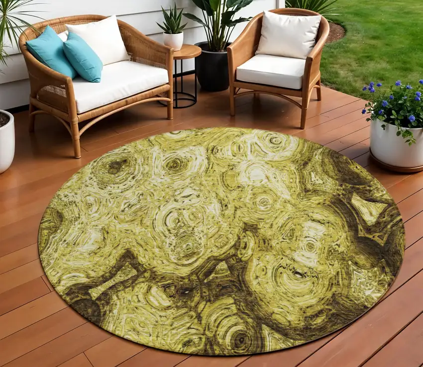 8' Gold Wheat And Chocolate Round Abstract Washable Indoor Outdoor Area Rug Photo 1