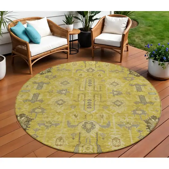 8' Gold Wheat And Gray Round Oriental Washable Indoor Outdoor Area Rug Photo 1