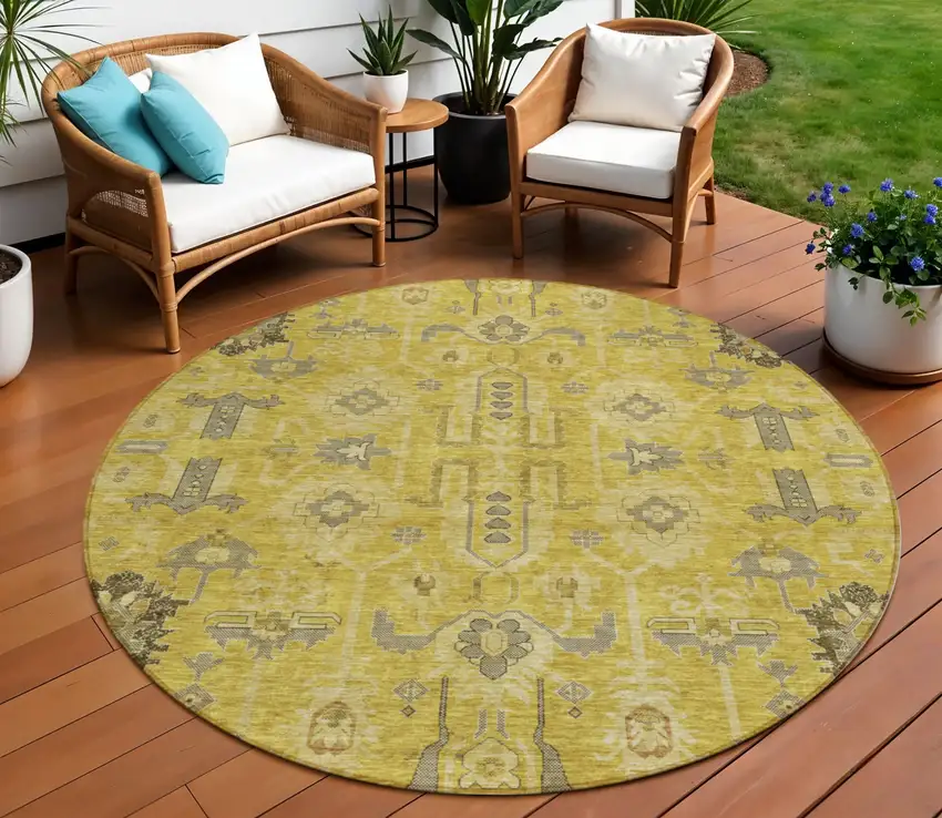 8' Gold Wheat And Gray Round Oriental Washable Indoor Outdoor Area Rug Photo 1
