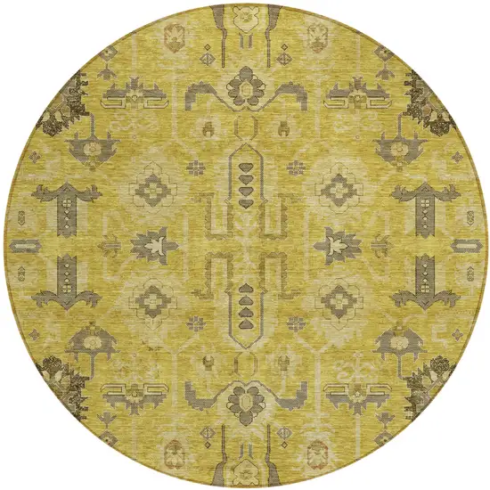 8' Gold Wheat And Gray Round Oriental Washable Indoor Outdoor Area Rug Photo 2