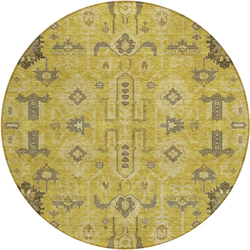 8' Gold Wheat And Gray Round Oriental Washable Indoor Outdoor Area Rug Photo 2