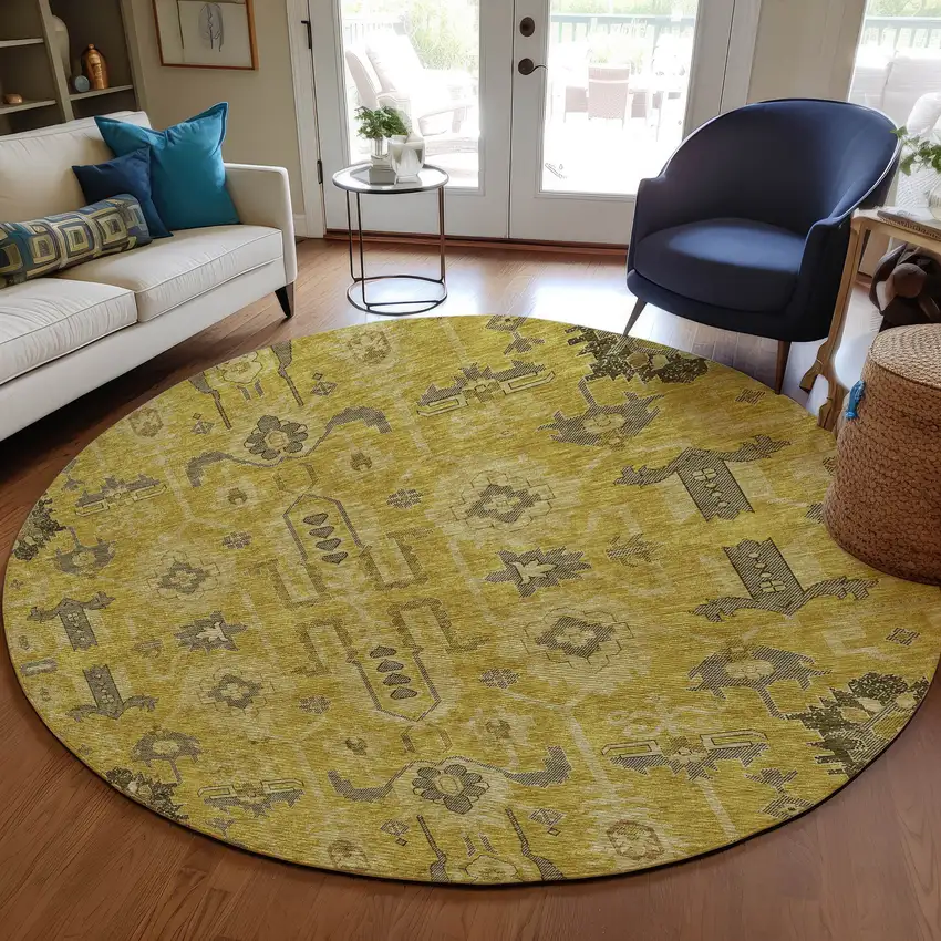 8' Gold Wheat And Gray Round Oriental Washable Indoor Outdoor Area Rug Photo 7