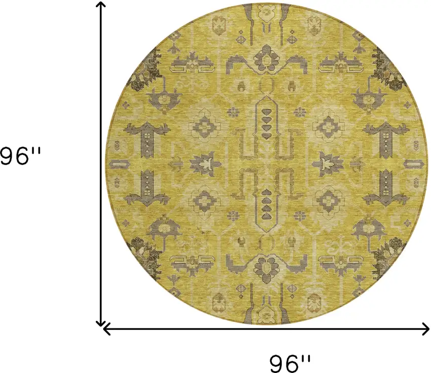 8' Gold Wheat And Gray Round Oriental Washable Indoor Outdoor Area Rug Photo 8