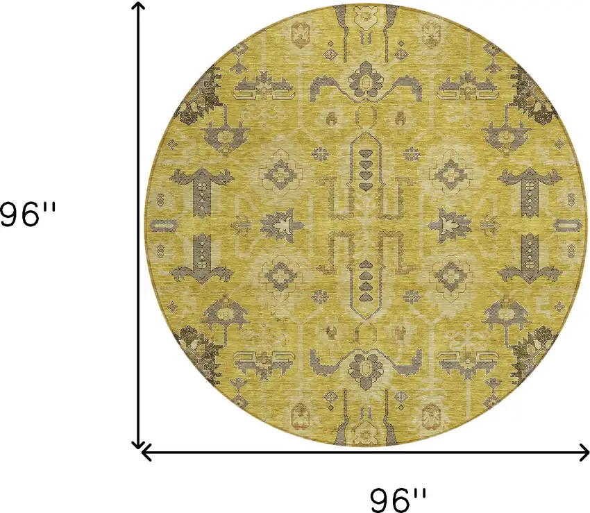 8' Gold Wheat And Gray Round Oriental Washable Indoor Outdoor Area Rug Photo 8