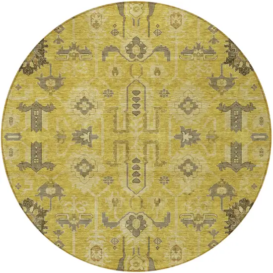 8' Gold Wheat And Gray Round Oriental Washable Indoor Outdoor Area Rug Photo 5