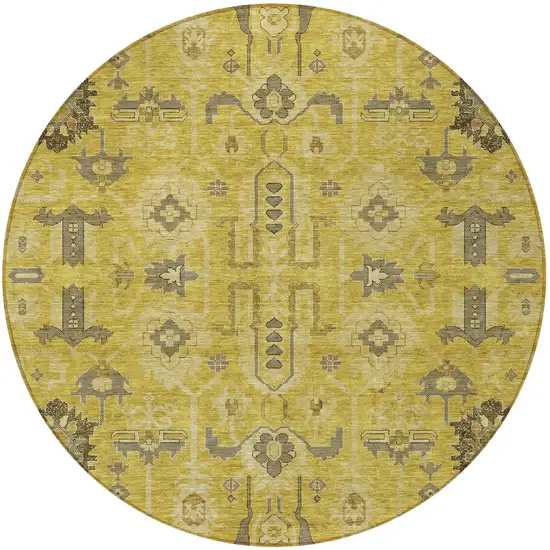 8' Gold Wheat And Gray Round Oriental Washable Indoor Outdoor Area Rug Photo 5