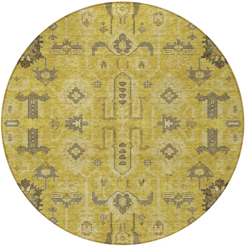 8' Gold Wheat And Gray Round Oriental Washable Indoor Outdoor Area Rug Photo 5