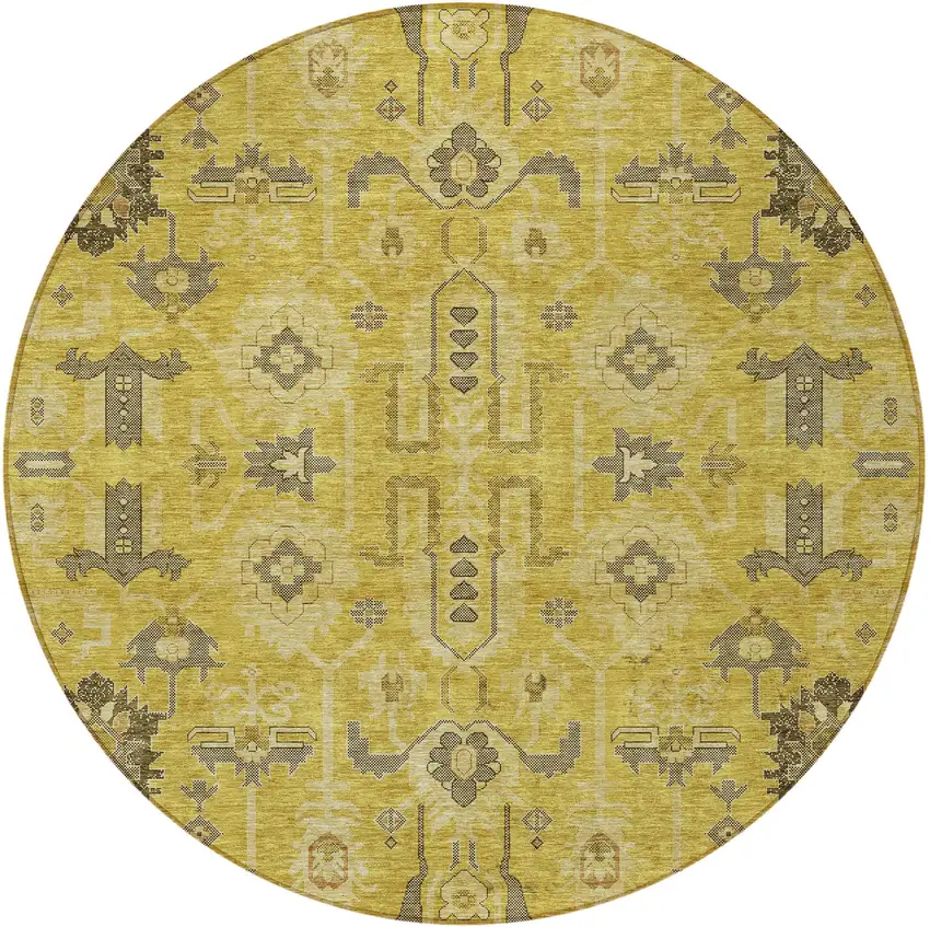 8' Gold Wheat And Gray Round Oriental Washable Indoor Outdoor Area Rug Photo 5