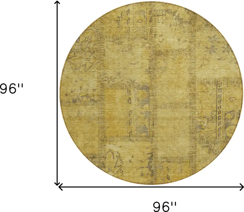 8' Gold Wheat And Gray Round Patchwork Washable Indoor Outdoor Area Rug Photo 3