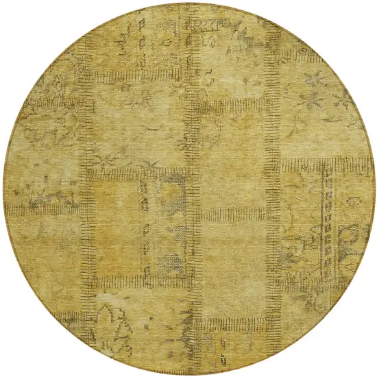 8' Gold Wheat And Gray Round Patchwork Washable Indoor Outdoor Area Rug Photo 2