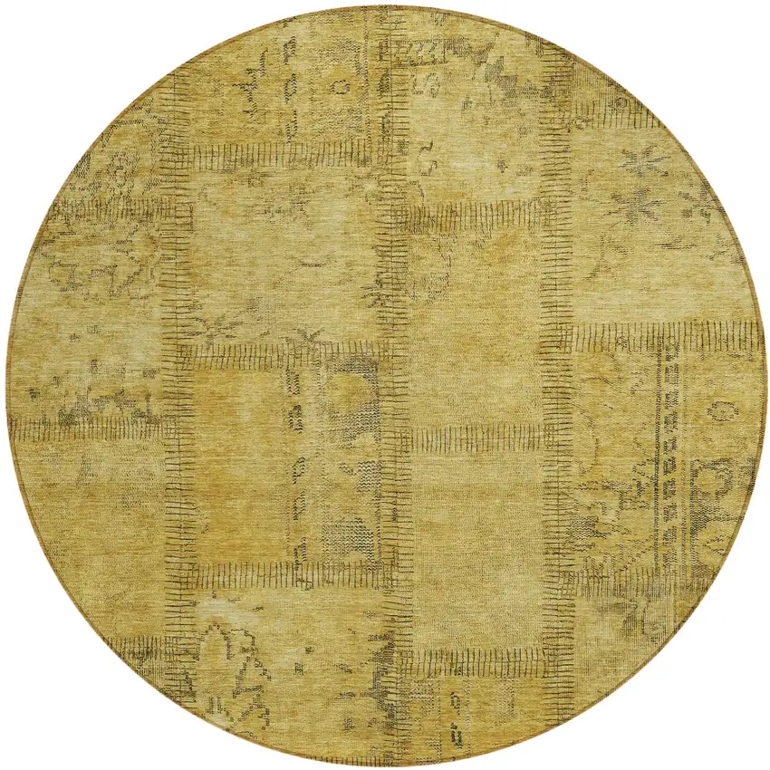 8' Gold Wheat And Gray Round Patchwork Washable Indoor Outdoor Area Rug Photo 2