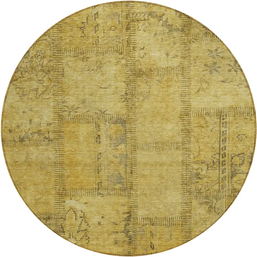 8' Gold Wheat And Gray Round Patchwork Washable Indoor Outdoor Area Rug Photo 2