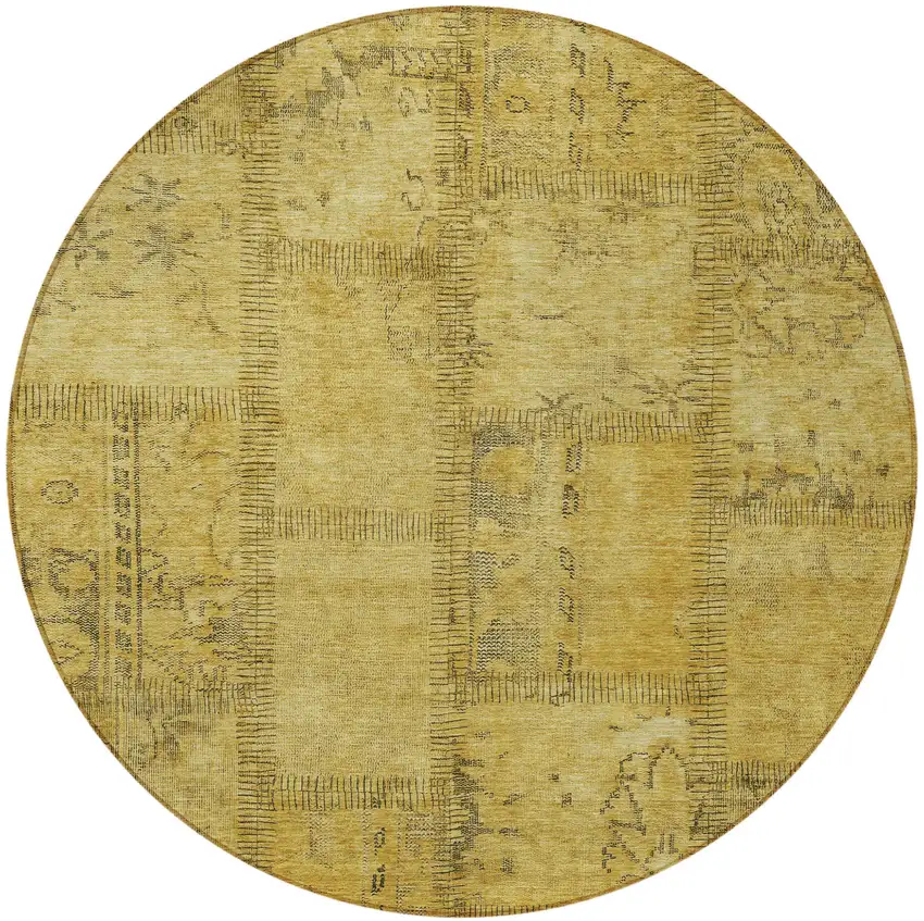 8' Gold Wheat And Gray Round Patchwork Washable Indoor Outdoor Area Rug Photo 5