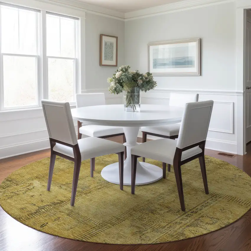 8' Gold Wheat And Gray Round Patchwork Washable Indoor Outdoor Area Rug Photo 7
