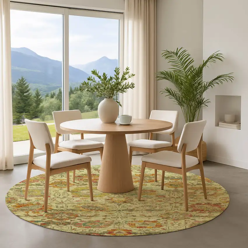 8' Gold Wheat And Green Oriental Washable Round Rug With UV Protection Photo 5