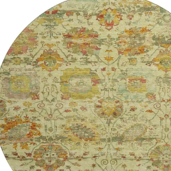 8' Gold Wheat And Green Oriental Washable Round Rug With UV Protection Photo 2