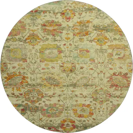 8' Gold Wheat And Green Oriental Washable Round Rug With UV Protection Photo 1