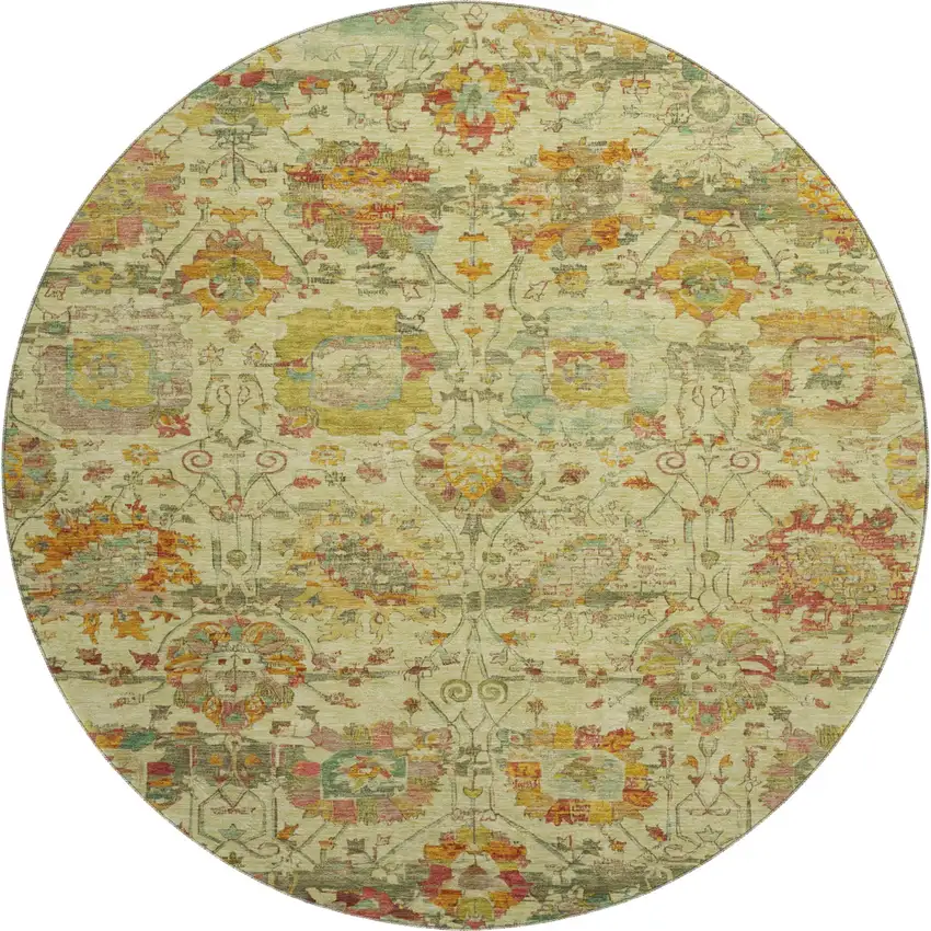 8' Gold Wheat And Green Oriental Washable Round Rug With UV Protection Photo 1