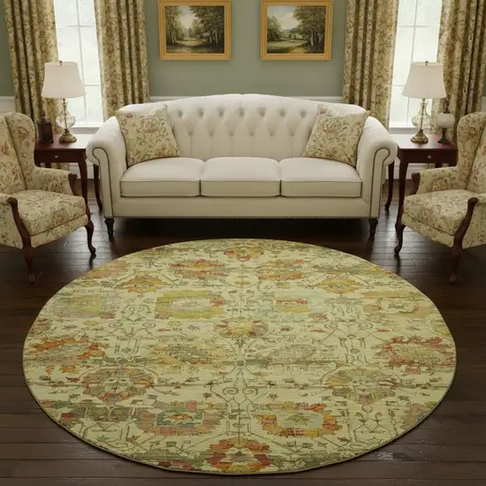 8' Gold Wheat And Green Oriental Washable Round Rug With UV Protection Photo 2
