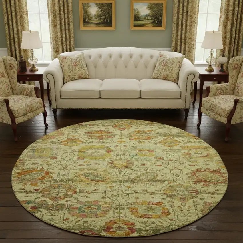 8' Gold Wheat And Green Oriental Washable Round Rug With UV Protection Photo 2