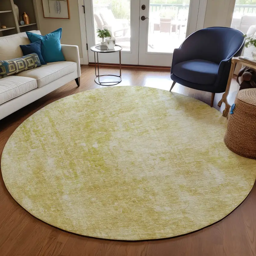 8' Gold Wheat And Ivory Round Abstract Washable Indoor Outdoor Area Rug Photo 7