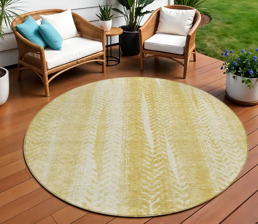 8' Gold Wheat And Ivory Round Botanical Leaves Washable Indoor Outdoor Area Rug Photo 1