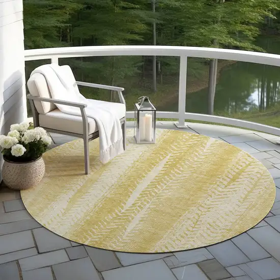 8' Gold Wheat And Ivory Round Botanical Leaves Washable Indoor Outdoor Area Rug Photo 7