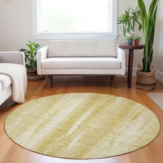 8' Gold Wheat And Ivory Round Botanical Leaves Washable Indoor Outdoor Area Rug Photo 8