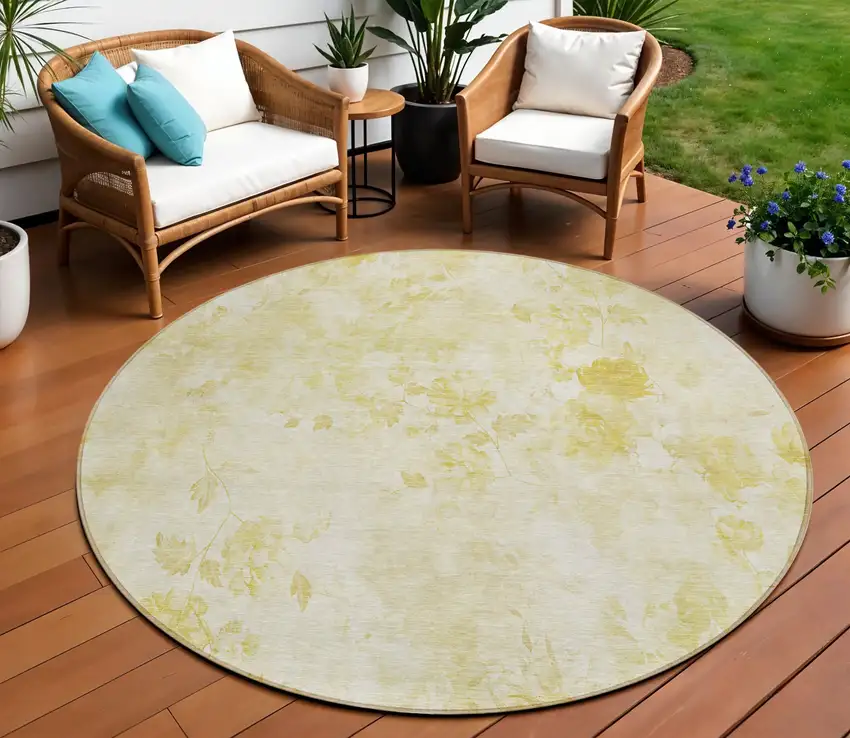 8' Gold Wheat And Ivory Round Floral Washable Indoor Outdoor Area Rug Photo 1