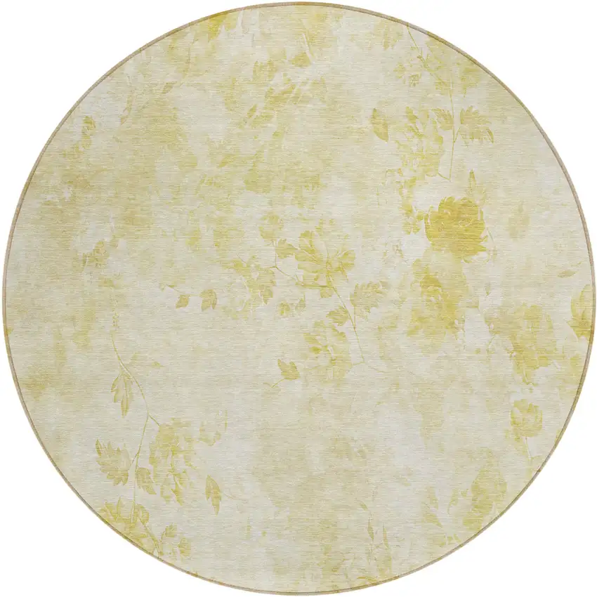8' Gold Wheat And Ivory Round Floral Washable Indoor Outdoor Area Rug Photo 1