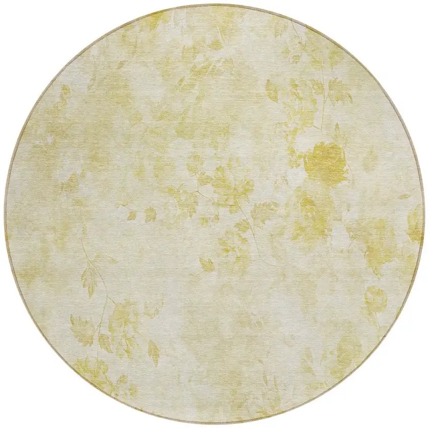 8' Gold Wheat And Ivory Round Floral Washable Indoor Outdoor Area Rug Photo 5