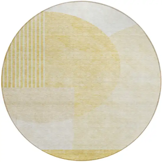 8' Gold Wheat And Ivory Round Geometric Washable Indoor Outdoor Area Rug Photo 2