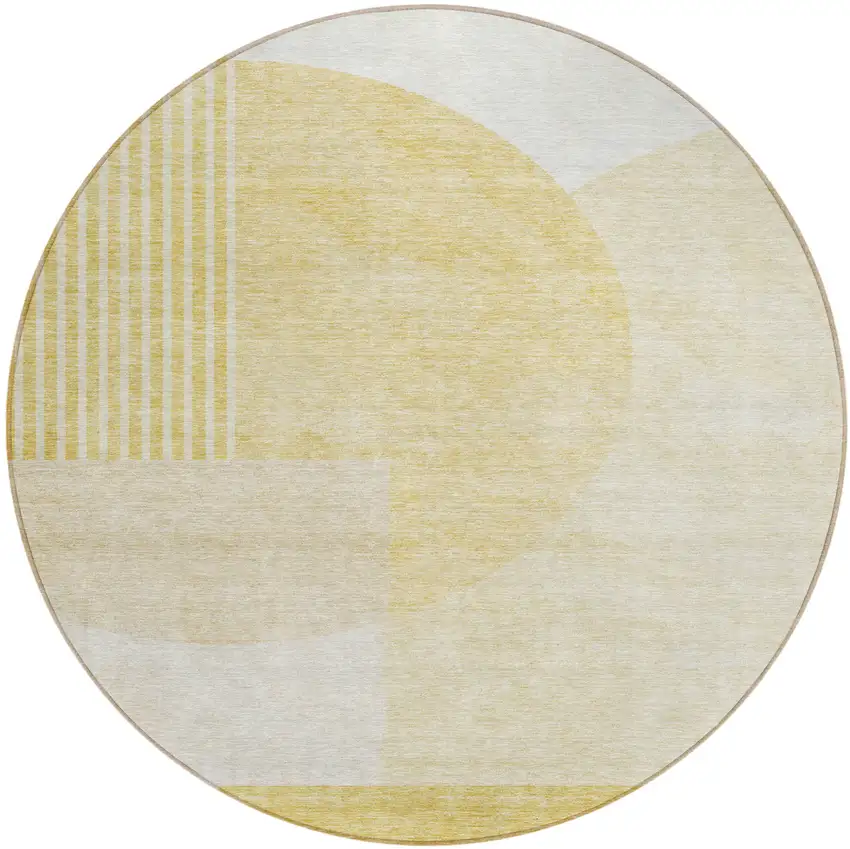 8' Gold Wheat And Ivory Round Geometric Washable Indoor Outdoor Area Rug Photo 2