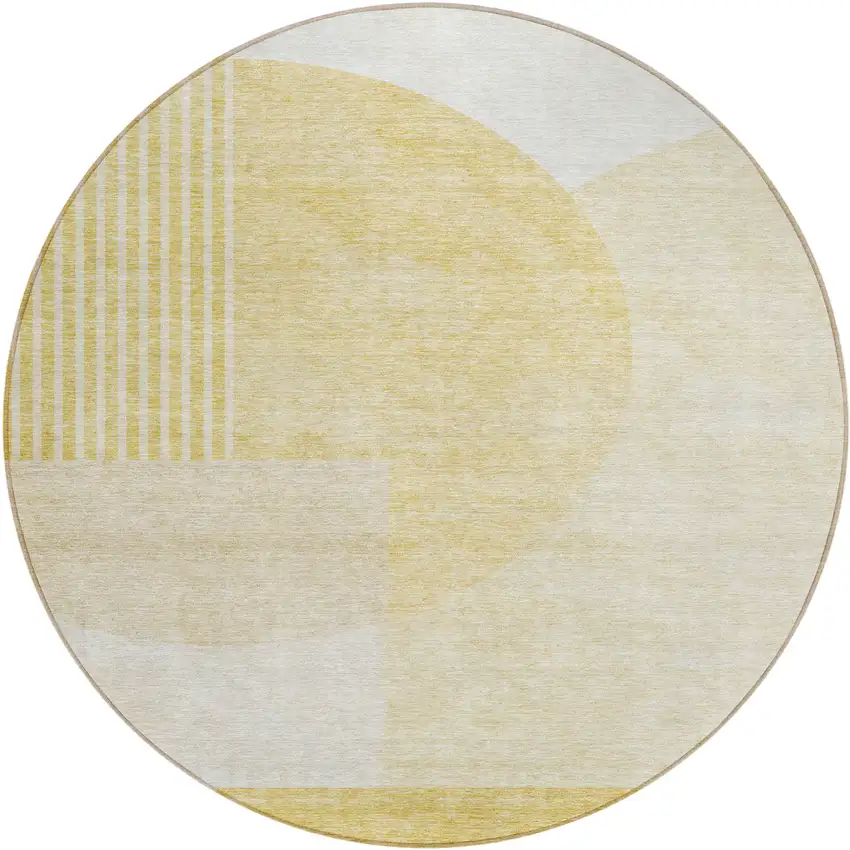 8' Gold Wheat And Ivory Round Geometric Washable Indoor Outdoor Area Rug Photo 2