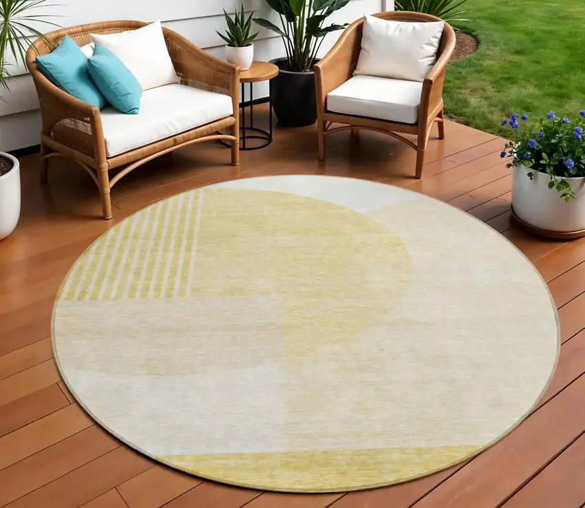8' Gold Wheat And Ivory Round Geometric Washable Indoor Outdoor Area Rug Photo 1