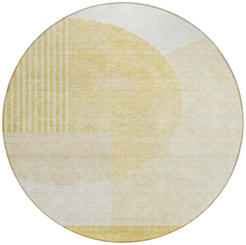 8' Gold Wheat And Ivory Round Geometric Washable Indoor Outdoor Area Rug Photo 4
