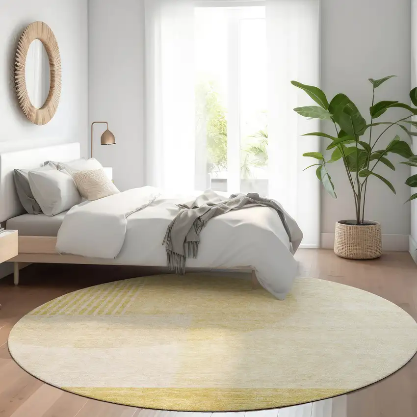 8' Gold Wheat And Ivory Round Geometric Washable Indoor Outdoor Area Rug Photo 9