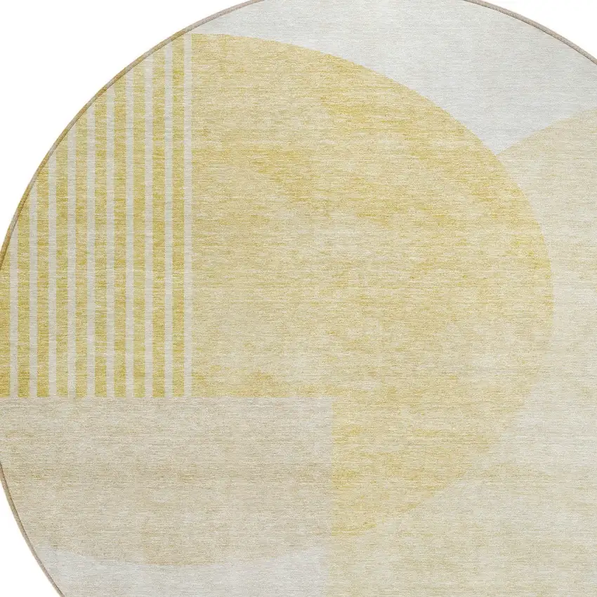 8' Gold Wheat And Ivory Round Geometric Washable Indoor Outdoor Area Rug Photo 7