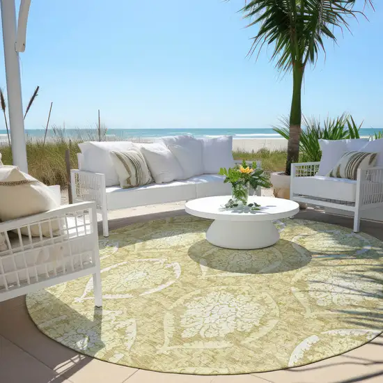 8' Gold Wheat And Ivory Round Medallion Washable Indoor Outdoor Area Rug Photo 6