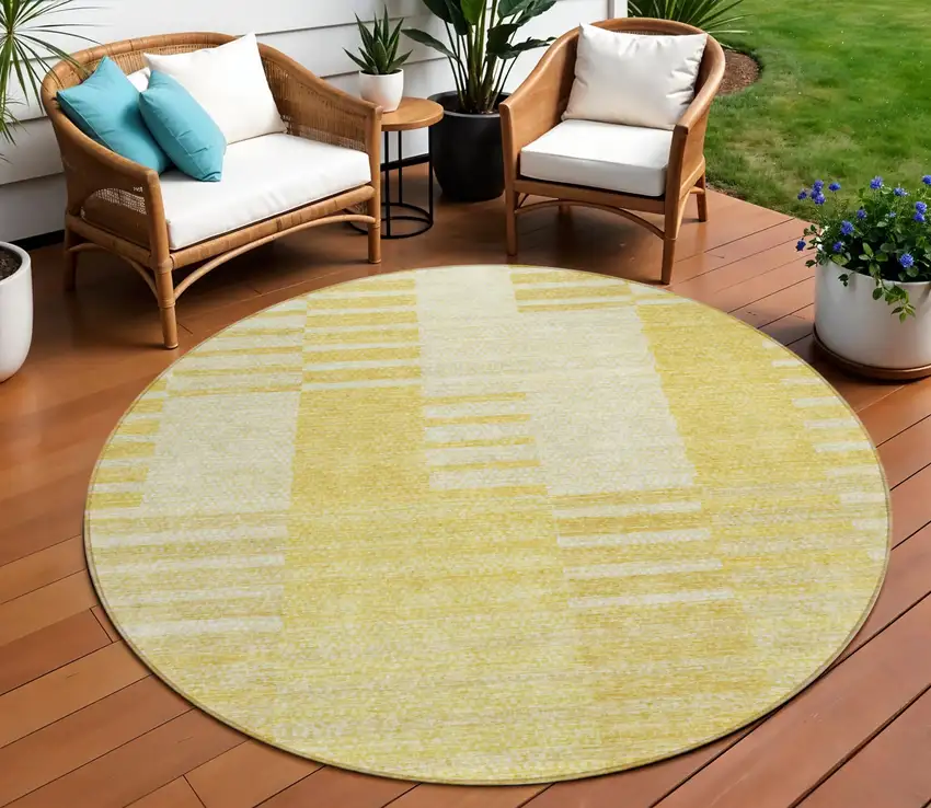 8' Gold Wheat And Ivory Round Striped Washable Indoor Outdoor Area Rug Photo 1